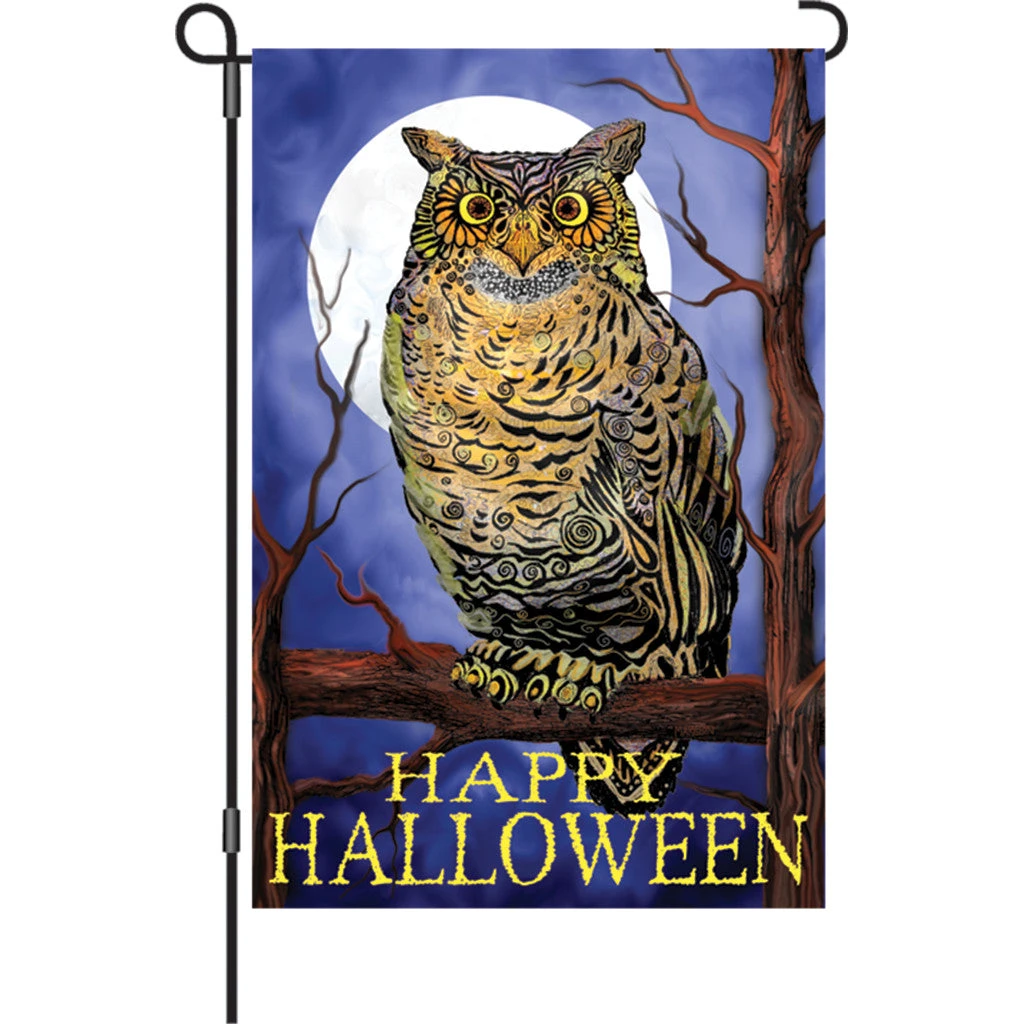 12 In. Halloween Garden Flag - Owl And Moon Happy Halloween 1 12 In. Halloween Garden Flag - Owl And Moon Happy Halloween
