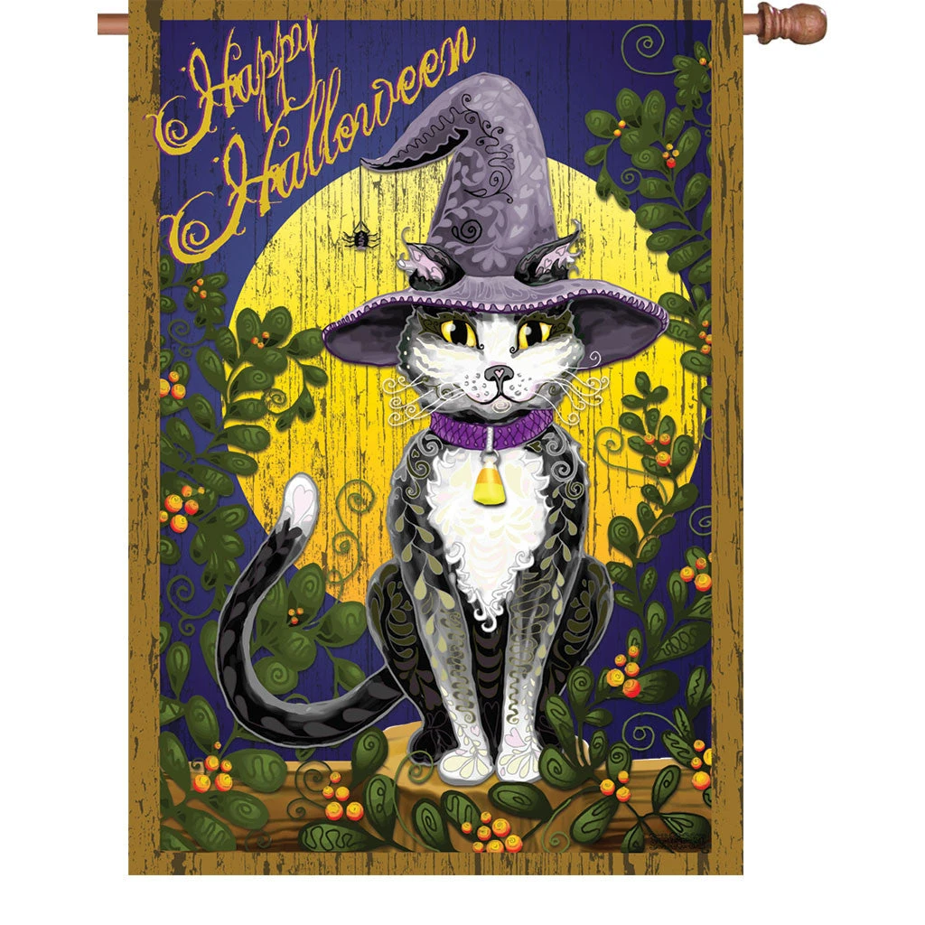28 In. Halloween House Flag - Candy Corn Cat 1 28 In. Halloween House Flag - Candy Corn Cat